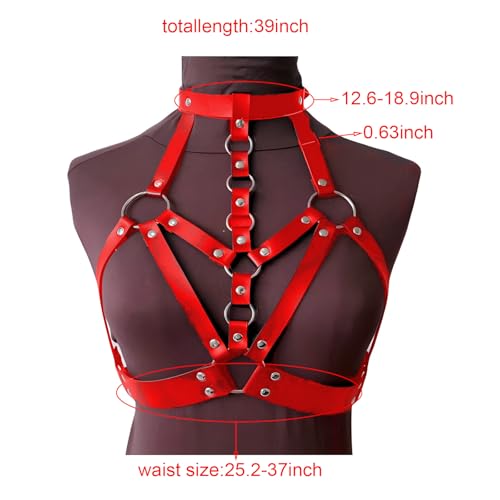 Image of Punk Black & Burgundy Red Leather Chest Harness, Adjustable Strap Body Belt, Goth Lingerie, Club Caged Bra, Rave Accessories
