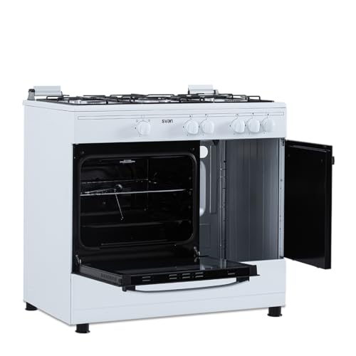 Svan Cocina Gas Butano 5 Zonas de Cocción, Horno 55 L, Blanco SKGW5901PB. Control Manual, Quemador WOK triple llama, 2 Programas, Compartimento Bombona, Cristal en Puerta de Doble Capa, Tapa Abatible