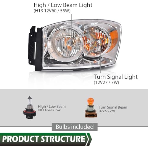 Image of GRAND ORANGE Headlights Assembly w /Bulbs Compatible with Dodge Ram 1500 Truck 2006-2008 /Fits Dodge Ram 2500 3500 Truck 2006-2009 Headlamps Clear Lens Amber Reflector