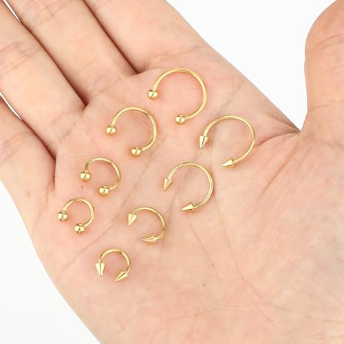 Telooco 8 Stück Hufeisen Piercing Gold Septum Piercing Ring 16G Hufeisenringe Chirurgenstahl Lippenpiercing Augenbrauen Nabel Nasenring Hoop Piercingschmuck für Damen Herren, 6/8/10/12mm (Gold)