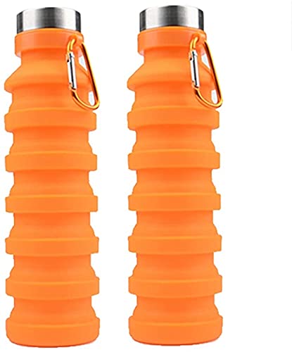 Image of we3 Collapsible Water Bottle, 550ml Reusable Silicone Light Water Bottles for Travel Outdoor Portable Leakproof Drinking Bottles with Carabiner (Orange, Pack of 2)