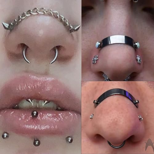 Nose Chain Spike Nose Rings Studs Surgical Steel Across Top Nose Piercing Jewelry Nostril Chain for Women Men Double Nose Piercing Nostril Bridge Jewelry, Black Silver3
