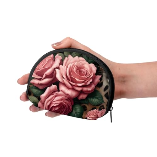 Portable Coin Purse Wild-Leopard-Floral-Rose-Print Mini Zippered Money Pouch Card Holder3