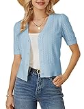 Short Sleeve Cropped Cardigans for Women Button up V Neck Sweater Shrug Cute Crochet Knit Dot Tops Lightweight Light Blue L