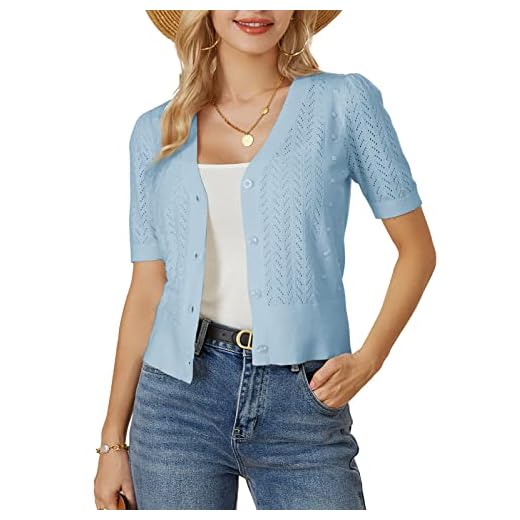 Short Sleeve Cropped Cardigans for Women Button up V Neck Sweater Shrug Cute Crochet Knit Dot Tops Lightweight Light Blue L