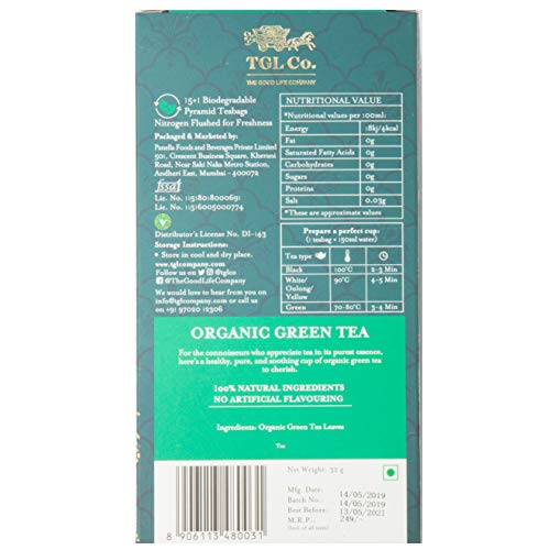 Image of TGL Co. Organic Green Tea (16 Tea Bags) | Refreshing Aroma | Supports Blood Circulation | Aids Digestion | Rich in Antioxidants | Immunity Booster (Pack of 2)