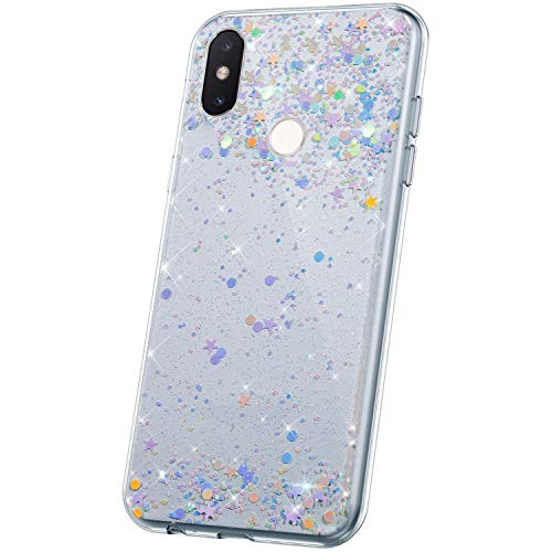 JAWSEU Compatible with Xiaomi Mi 8 SE Case Bling, Glitter Sparkly Stars Design Soft Slim TPU Silicone Gel Rubber Bumper Case Ultra Thin Shockproof Full Protective Case Cover,Clear-1