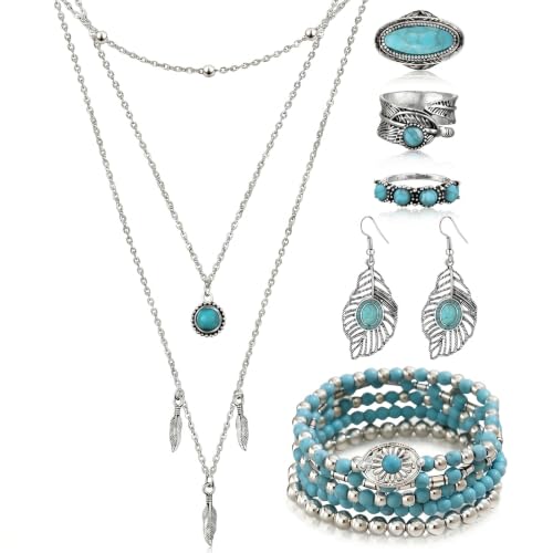 Image of Ecally Bohemian Western Jewelry Turquoise Set Women Country Pendant Long Choker Layered Bracelets Earrings Ring for Women