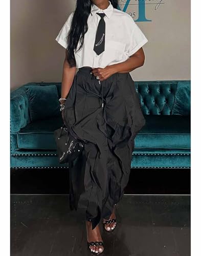 Yuopeid Women's Stretchy High Waist Drawstring Long Pants Solid Color Loose Casual Clubwear Cargo Baggy Trousers3