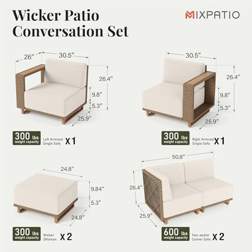 Image of MIXPATIO Patio Sectional Furniture Set, 6 Piece Outdoor Wicker Sofa Patio Couch Set, Yellow Rattan Modular Outdoor Conversation Sets with 10 inch Thick Cushions, Low Profile Deck Lawn Garden Furniture