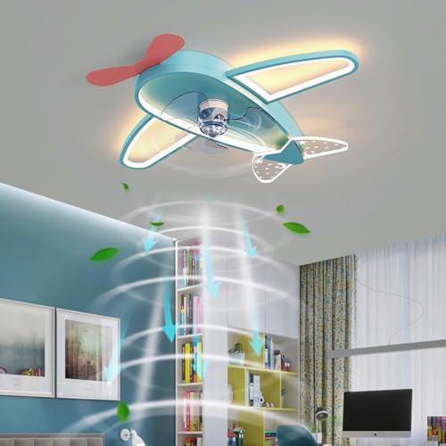 Ventilador de techo moderno LED con iluminación Control remoto regulable Lámparas de ventilador silencioso Ventilador de sincronización Suspensión Avión Niños Niñas Guardería Habitación de bebé
