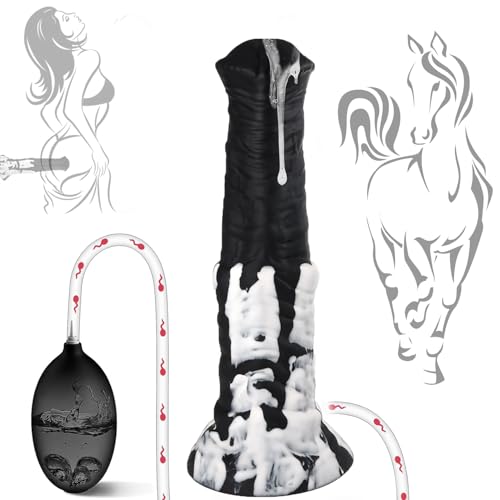 MKPJOY 9.25Inch-Horse Squirting Dildo Soft Silicone Sex Toy with Strong Suction Cups Frees Your Hands Realistic Shape and Texture Huge Monster Dildo Ejaculating Toy for Women Men[Black and White]