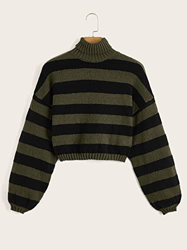 Image of WDIRARA Women's Striped Pattern Turtleneck Long Lantern Bishop Sleeve Stretchy Knitted Sweater
