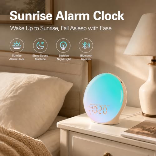 Image of JALL Full Screen Dimmer Sunrise Alarm Clocks for Bedrooms, Wake Up Light with FM Radio, 25 White Noise Sleep Sounds, Bluetooth Speaker, Dual Alarms Bedside Clock for Heavy Sleepers