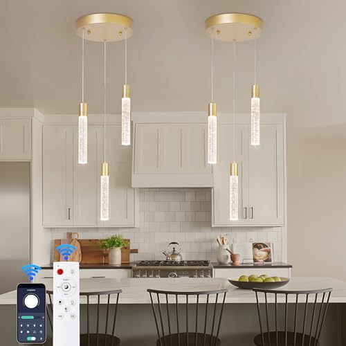votag 3 Light Pendant Lights,LED Bubble Crystal Pendants with Dimmable,Gold