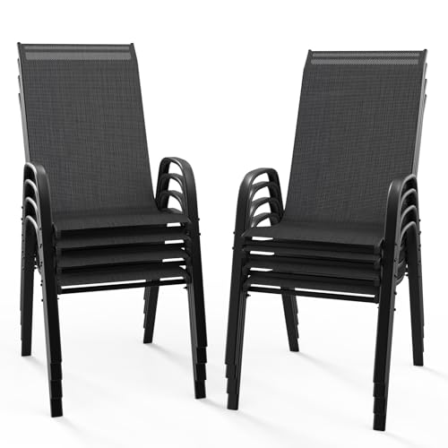 VINGLI Patio Chairs Set of 8 – Stackable Outdoor Dining Chairs with Comfortable Sling High Back Chairs and Armrests for Lawn, Poolside, Courtyard, Balcony, Garden, Black