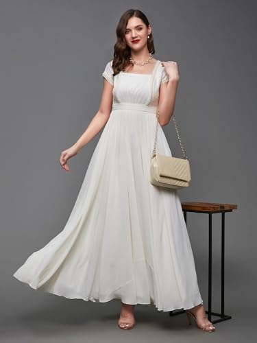 Image of Miss Chase Women's Round Neck Sleeve Embellished Fit Flare Maxi Dress