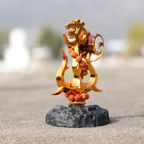 Image of Gold Finish Om Trishul with Damroo & Rudraksha Mala - Divine Lord Shiva Idol for Home, Office & Car Dashboard