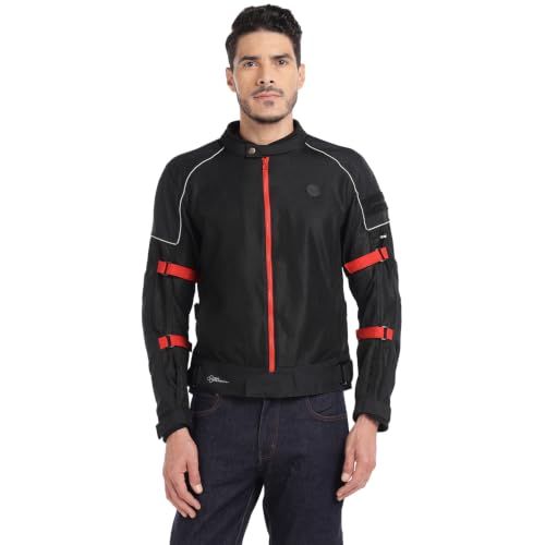 Image of Royal Enfield STREETWIND V3 RIDING JACKET | High Abrasion Polyester Mesh | 610D Cordura Impact Zones | CE Level 2 Ergo Pro-Tech Armours | Adjustable Fit | Cushioned Comfort Collar | BLACK & RED 3XL | Protective gear for bike riding