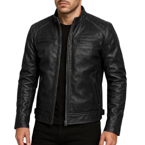 Mens Black Leather Jacket - Genuine Lambskin Cafe Racer Motorcycle Style Distressed Leather Jacket