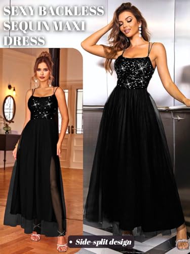 Image of ShawGobow Tulle Prom Dress with Slit,Sequin Backless Long Flowy Dresses for Women,Sexy Sparkly Outfits Homecoming Wedding