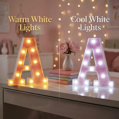 Image of Pink Glitter Marquee Light Up Letters, Battery Operated LED Letter Lights Signs for Pink Birthday Party Table Decorations, Wall Decor for Girls Bedroom, Initial Letter C with Warm White Lights