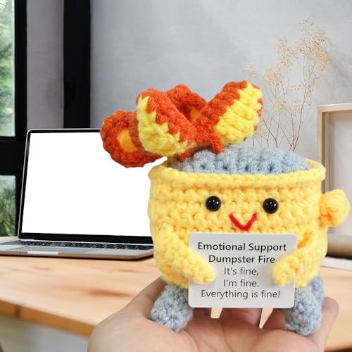 Image of RovyFota Handmade Crochet Dumpster Fire Plush - Stress Relief Amigurumi for Adults & Teens, Funny Desk Decor, Emotional Support Gift for Coworkers, College Students, Roommates (Yellow)