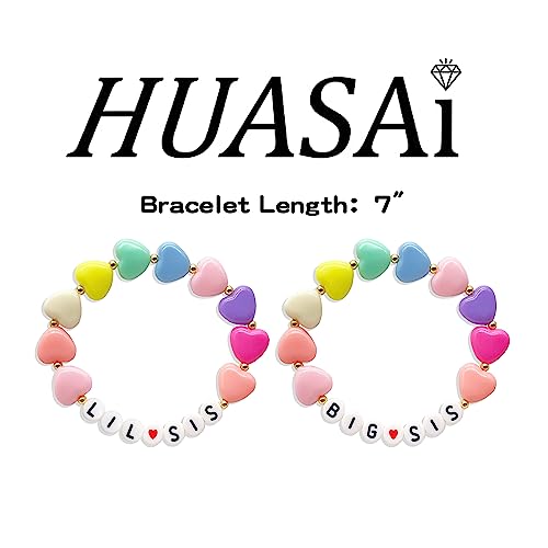 Image of HUASAI 2PCS Big Little Sister Bracelet Gifts for Girl Colorful Acrylic Heart Beaded Bracelets Sister Jewelry