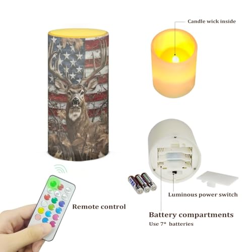 Image of Poceacles Flameless LED Candle Battery Powered Votive Lights Realistic Pillar Candle Decorative Tea Lights for Home Party Indoor Outdoor Patriotic Decor, Deer Camo Leaf American Flag