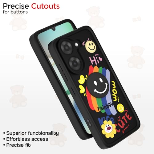 Image of Pikkme Back Cover for Poco C71 / Redmi A5 | Soft Silicone| Cute Rainbow Smile & 3D Cartoon Flower Design | Shockproof Raised Camera Protection Bumper Case (Black)
