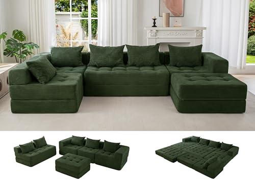 Image of MAXYOYO Modular Sectional Sofa Couch, Foldable U Shaped Cloud Couch with Pillows, Tufted 6-Seat Boneless Sofa Lounger for Living Room, No Assembly Required, Dark Green