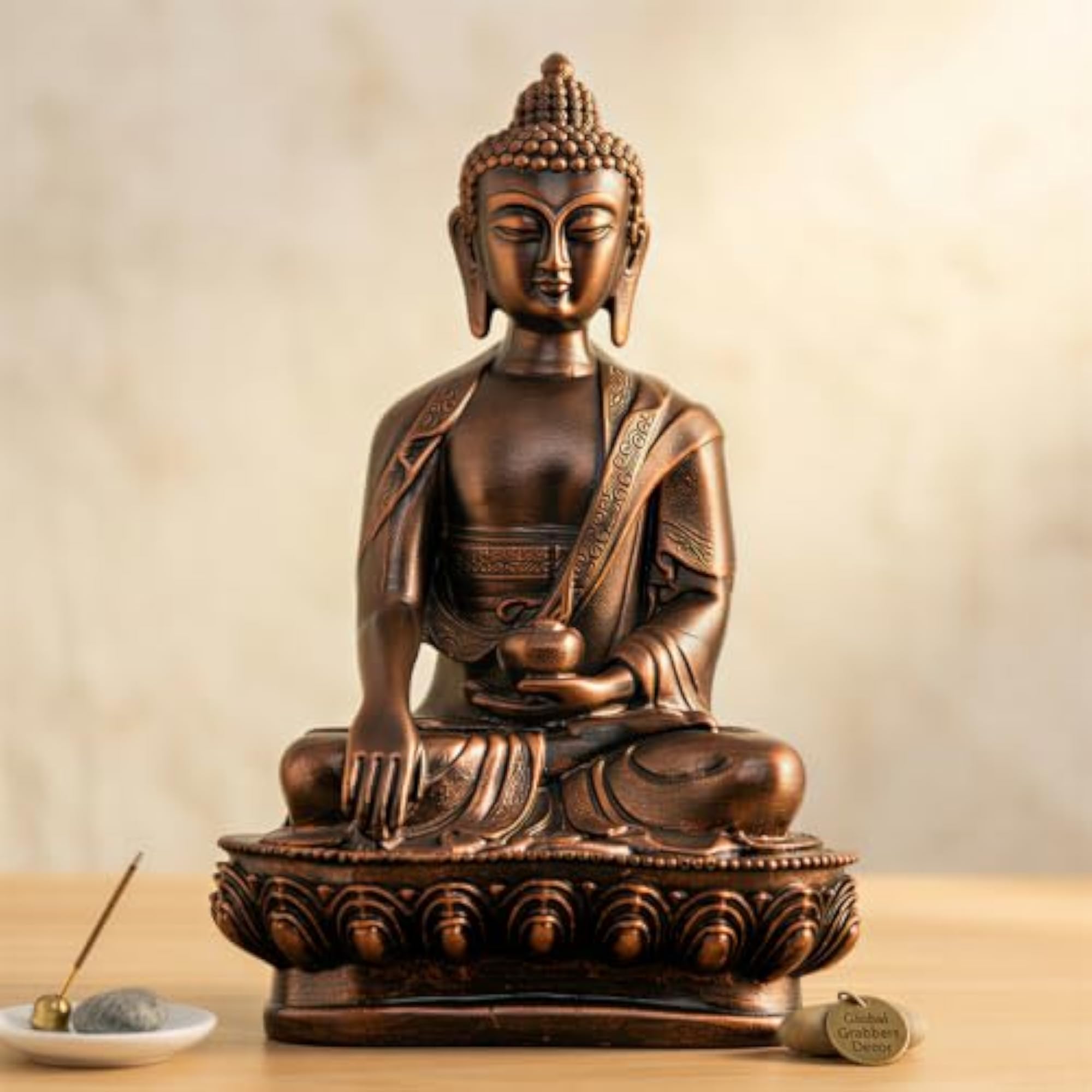 Meditating Sitting Buddha Idol Statue, Antique Copper Finish