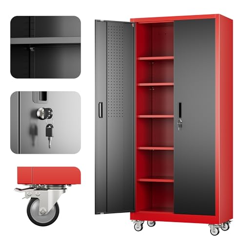 Image of Aobabo Upgrade 71H''*34''W*18''D Metal Garage Storage Cabinet with Wheels and Pegboards, 5 Adjustable Shelves Steel Storage Cabinets for Home,Warehouse,Garage,Assembly Required,Black Red