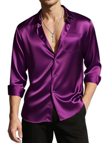 DiBanGu Mens Long Sleeve Button Down Shirt,Satin Shiny Dress Shirt for Men Solid Regular Fit Shirts with Pocket Wedding Party