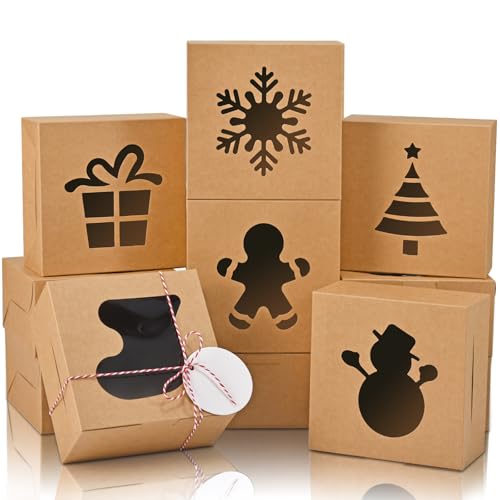 COTOPHER 30 caixas de biscoito de Natal com janela, caixas de padaria marrons de 15 x 15 x 7,6 cm...