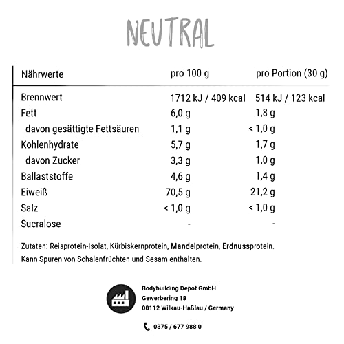 Foto von Bodybuilding Depot® - Veganes Proteinpulver 1kg, Vegan 4k, Umweltfreundlich in Papier verpackt, 100% pflanzlich, Sehr gute Löslichkeit, Natürlicher Geschmack (Neutral)