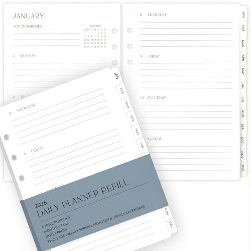 Beautiful 2026 Daily Planner Inserts for 6 Ring Binders – Durable A5 Paper Refill Set 5.5