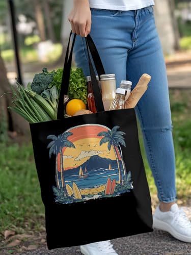 Canvas Tote Bag, Ocean Surf Sunset Mountain Coconut Tree patterned Canvas Tote Handbags for Women Shoulder Bag,4