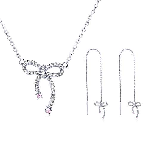 Preisvergleich Produktbild Damen-Schmuckset Halskette und Ohrringe, romantisches 925er-Sterlingsilber, mit funkelnden Schleife, klare Zirkonia, Modeschmuck