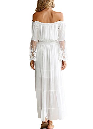 Qican Vestido feminino sexy maxi longo ombro a ombro rendado manga flare elegante festa à noite vest