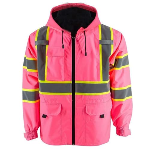 High Visibility Safety Jacket ANSI Class 3 Reflective Jacket Pocket and Zipper, Pink - Thickening, Large