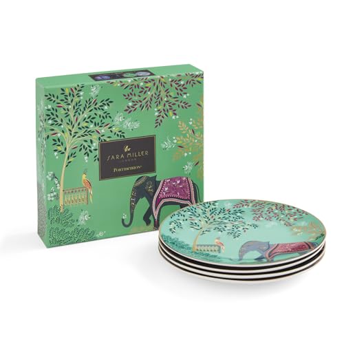 Portmeirion x Sara Miller London India Set of 4 Cake Plates - Fine China with 22ct Gold Detailing, Ceramic Dessert Plates for Dining, Serving, Display and Special Occasions