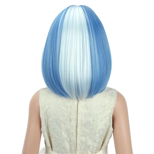 Image of PATTNIUM Blue and White Bob Wig Short Blue Straight Wig with Bangs Cosplay Party Synthetic Rose Net Daily Wear Wig