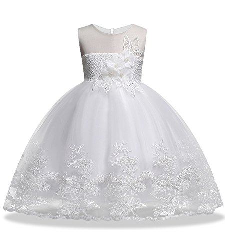 Girls Wedding Party Lace Dress Bridesmaid Pageant Princess Flower Dresses (White110)