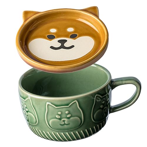 MOTHNUR Keramikbecher Grün Katzen Shiba Inu Deckel