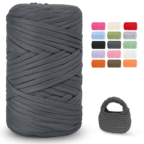 iEGrow 400g T Shirt Yarn for Crocheting 140m Chunky Yarn for Hand Knitting Yarn for Crochet Polyester Ribbon for Crochet Bag Blanket Basket DIY Crafts Home Decor Dark Gray