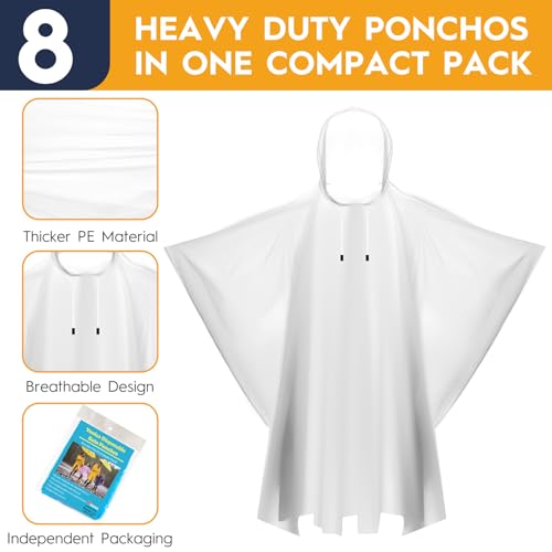 8 & 20 Pack Disposable Rain Ponchos for Adults/Youth - 6 Color Waterproof PE Hooded Raincoats, Drawstring, Emergency2