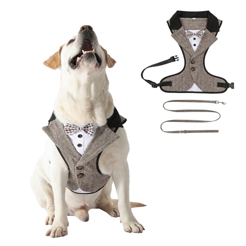 HDKUW Dog Tuxedo Harness, Adjustable Pet Harness No Pull for Small Medium Dogs, Doggie Wedding Suit with Bow Tie Party Costume Brown Stripe M