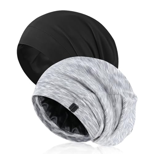 2 Pack Silk Satin Hair Bonnet for Men, Adjustable Stay-On Sleep Cap Beanie for Curly Hair, Soft Breathable Night Hat for All Types