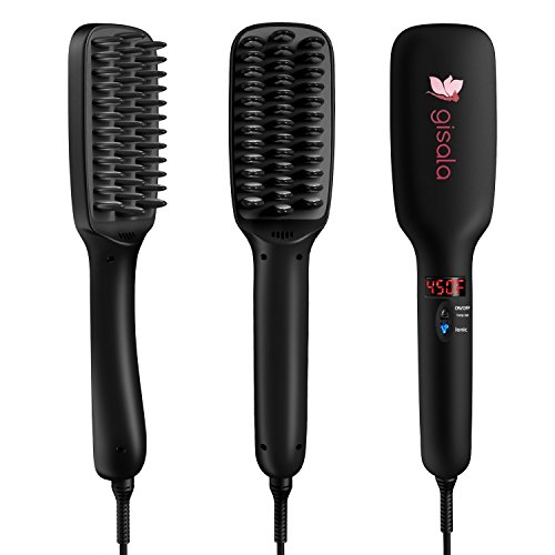 Gisala Ceramic Tourmaline Ionic Hair Straightener with FREE Gloves,LED Display Detangling Hair Brush with Blade Heater, Instant Magic Silky,Adjustable Temp, Anti Scald Teeth,2 FREE Hair Clips(Black)